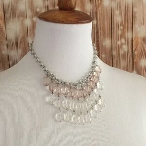 American Eagle Silver Chain Bib Necklace Pink & Clear